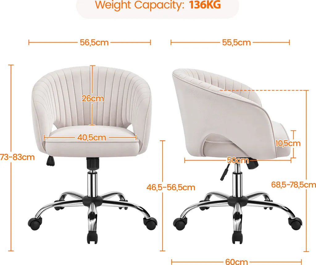 Chaise de bureau en velours Yaheetech avec accoudoirs et roulettes - Beige - 60 x 56,5 x 73-83 cm