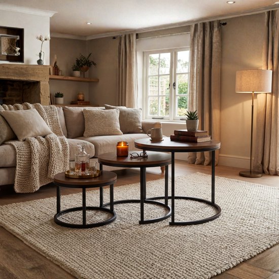 Bayt Table basse - Set de table basse - Table de salon ronde - Set 3 pièces - Table d'appoint - Table basse - Bois - Marron