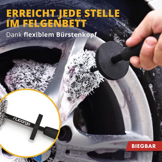 LICARGO® brosse à roue flexible en microfibres - Tête de brosse flexible pour les endroits difficiles d'accès - Brosse à roue en microfibres pour jantes en aluminium - Brosse à roue pour voiture - Brosse à jante flexible