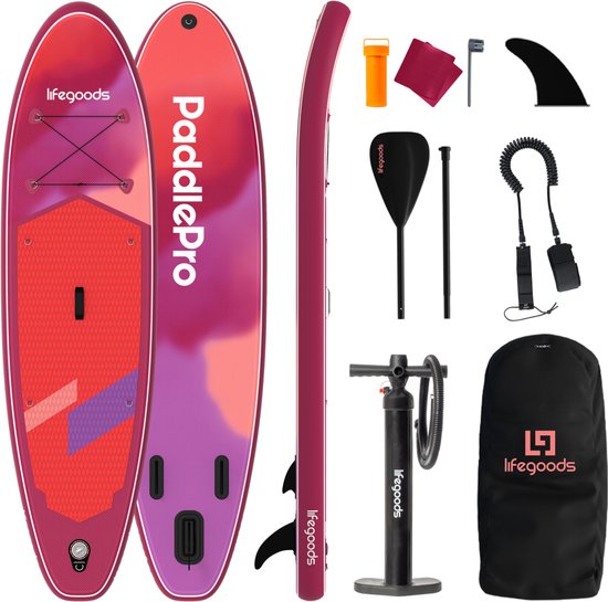 LifeGoods SUP Board All-round Compact - 100 KG Load Capacity - 300 x 76 cm - Inflatable - Complete SUP Package - Red/Lilac
