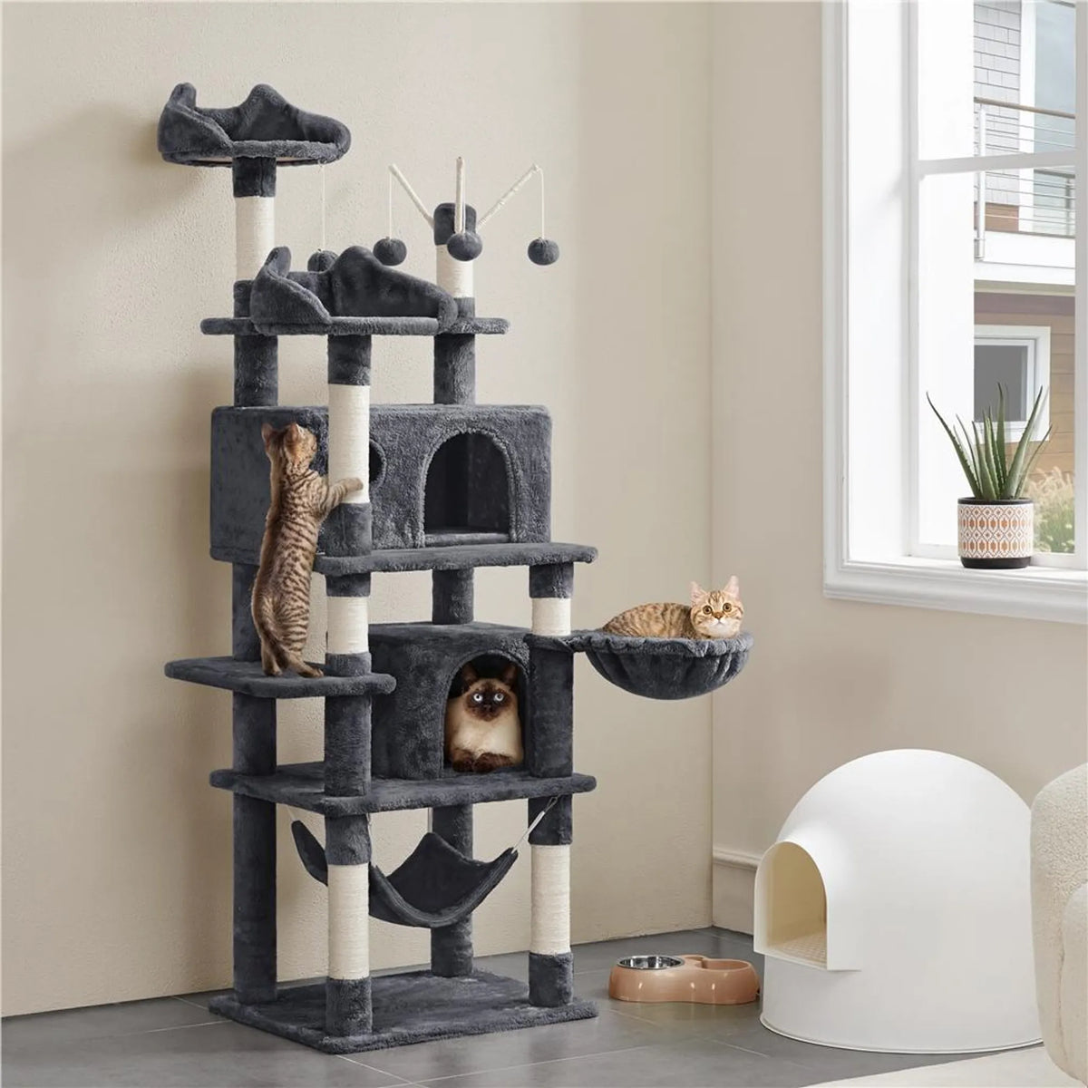 Yaheetech Cat Post XXL avec 2 plateformes d'observation - équipé de 2 trous pour chats, d'un hamac et de 7 poteaux en sisal - pour les foyers avec plusieurs chats - peluche et sisal gris foncé - 55,5 x 45,5 x 170 cm