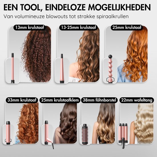 Sansbeauté® Fer à boucler 7 en 1 avec pince et pince gaufrée - Fer à boucler en céramique - 13mm à 38mm - Brosse à sécher les cheveux courts - Brosse chauffante - Pince à boucler - Brosse thermique - Styler les cheveux - Brosse à boucler 5 en 1