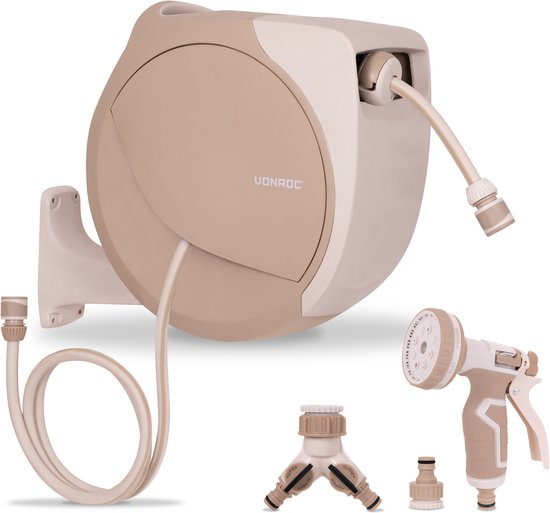 Dévidoir automatique VONROC – boîtier mural pour tuyau d'arrosage – avec tuyau d'arrosage haut de gamme de 20 m, pistolet d'arrosage à 8 positions et raccords – beige