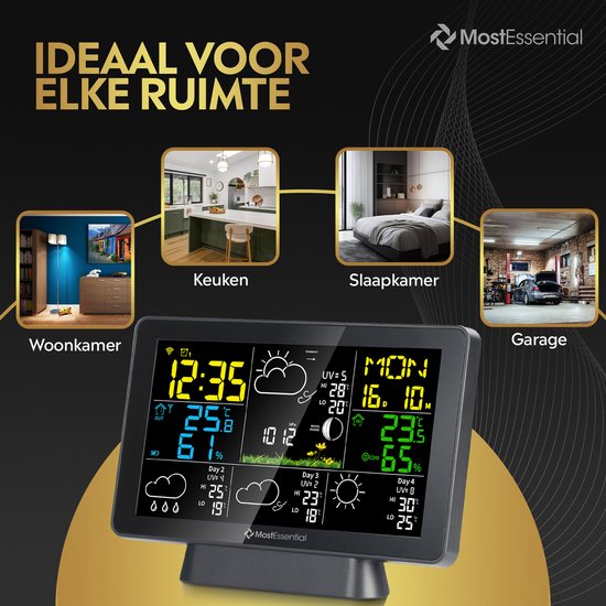MostEssential Station Météo Wifi Edition - Station météo sans fil avec capteur extérieur - Hygromètre - Intérieur et extérieur - Portée de 150 mètres - Application incluse - Noir - 2 capteurs