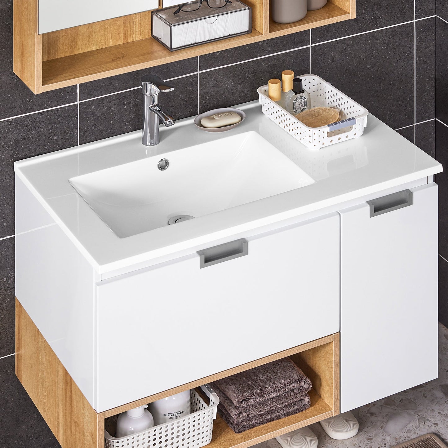 SoBuy BZR178-WN Meuble sous-lavabo - 80x54x46 cm - Blanc/Naturel - Meuble de salle de bains étroit