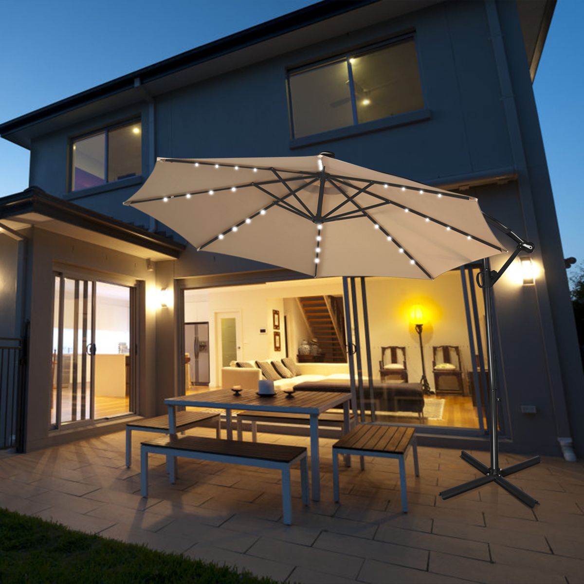 Parasol sur pied Coast avec éclairage LED - 300 cm - Télécommande à énergie solaire - Gris