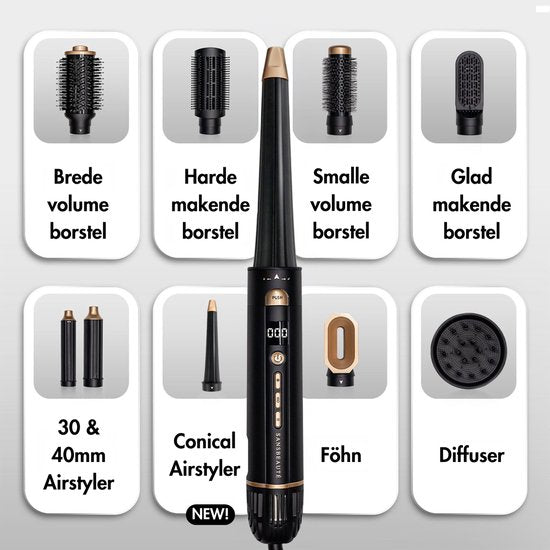 Sansbeauté® 9-in-1 Airstyler with Diffuser and Storage Box - Multistyler - Hair dryer brush short hair - Hair curler - Hair styler - Hair dryer - Heat brush - Curling brush - Curling iron - Hair straightener - Styling brush - 5 in 1 Hairstyler
