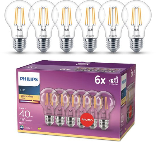 Ampoule LED Philips - Forme standard avec culot E27 - Lumière blanc chaud : 2700 K - 40 W - Verre transparent - Lot de 6