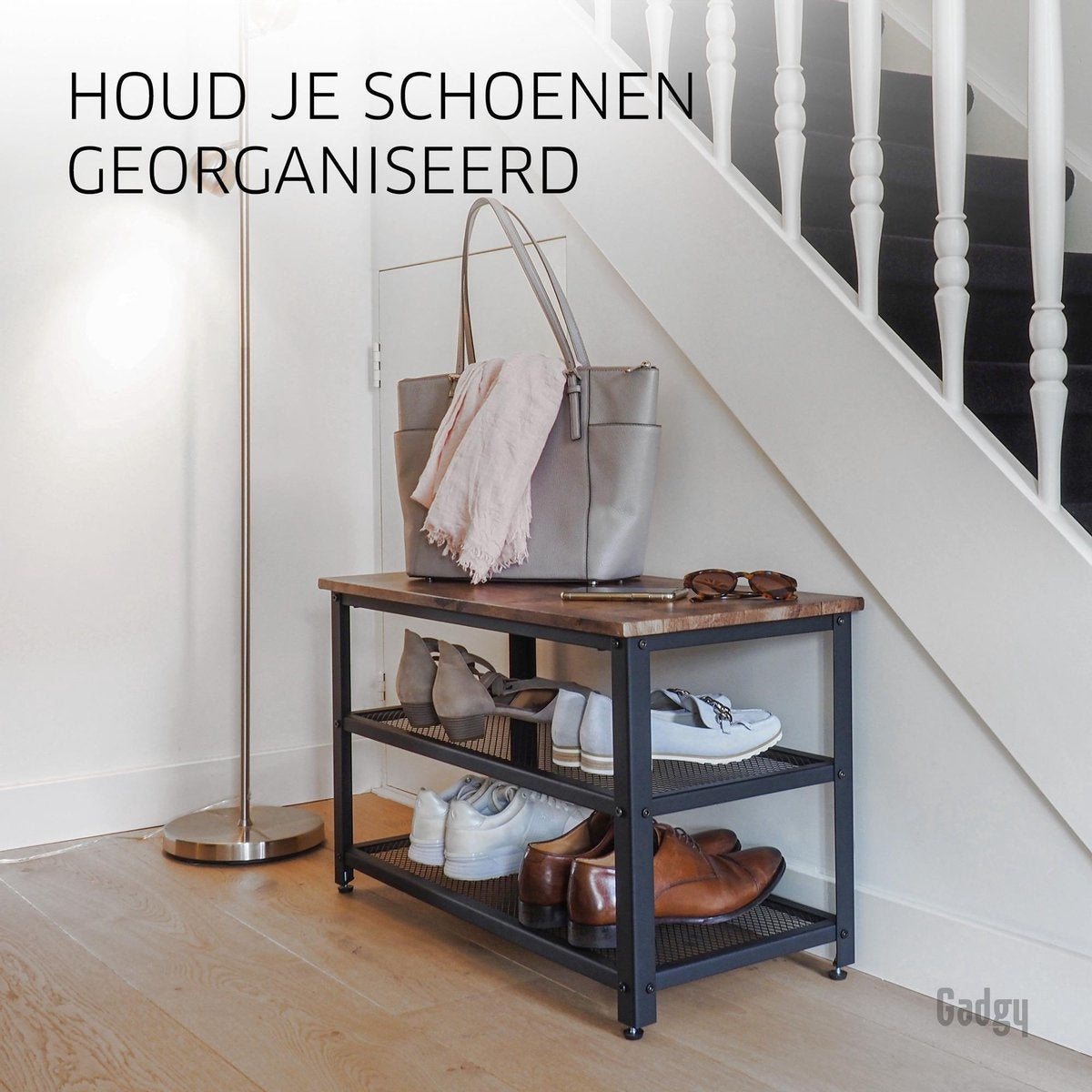 Gadgy Schoenenrek met bankje - 6 tot 9 Paar Schoenen - Schoenenkast bankje - Schoenenbank Industrieel - Handig schoenen opbergen - Bijzettafel Metaal met Hout