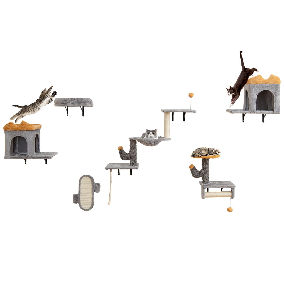 Ensemble de tours pour chats à fixer au mur Coast - Peu encombrant - Plateforme à 2 niveaux - Gris