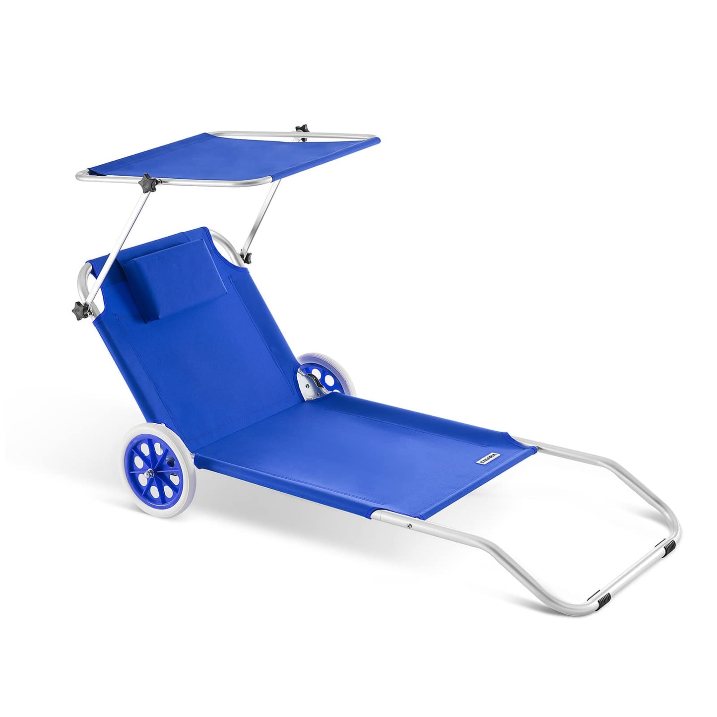 Transat Casaria Kreta - Bleu - Aluminium - Pliable, avec roulettes, pare-soleil et oreiller - 150 x 52 cm