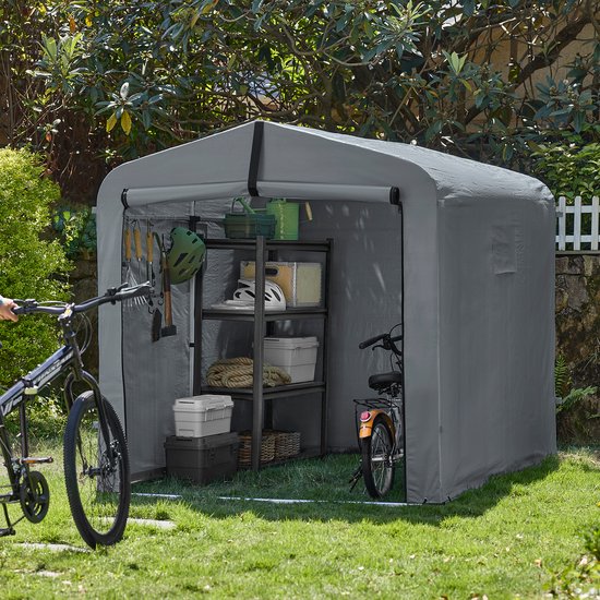 SoBuy KLS11-L-DG Garden House, Waterproof Outdoor Storage, Motorcycle Shelter with Hooks, Bicycle and Tool Garage, Bicycle Storage, Storage Space, Grey, 159x219x165 cm