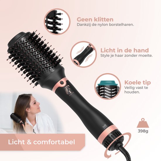 Flaire ROSÉ Brosse sèche-cheveux avec 3 accessoires - Brosse à boucler en céramique - ionique - 1200W - noir