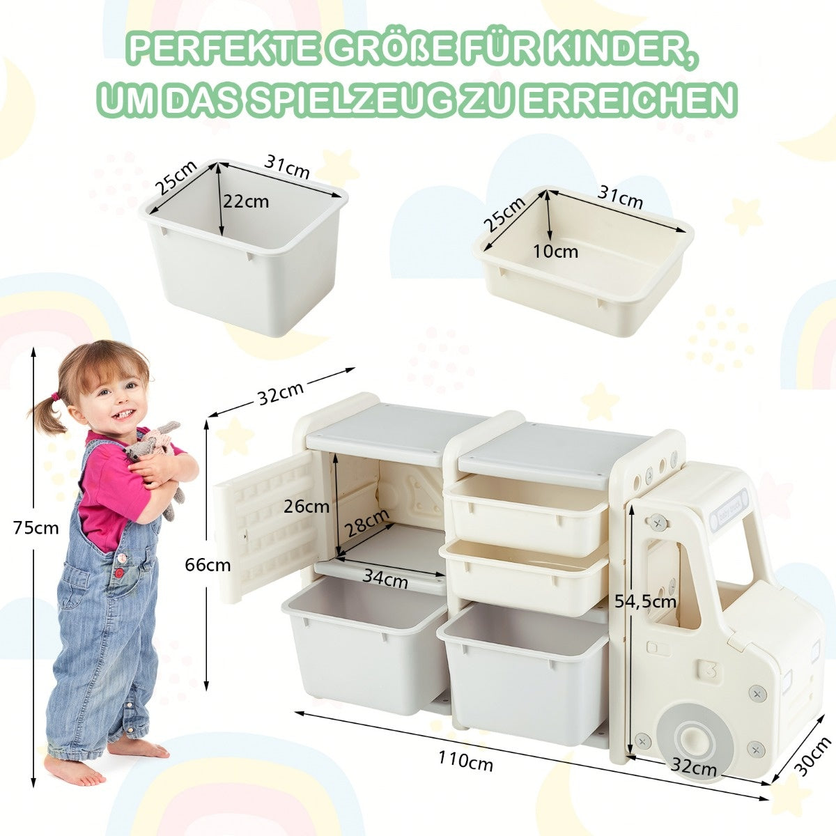 Coast Toy Rack 2 Level étagère pour enfants avec tiroirs et boîtes de rangement 110 x 32 x 66 cm