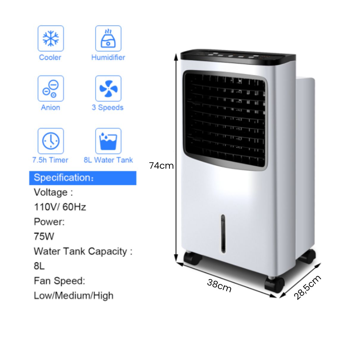 Climatiseur portable Coast - Climatiseur par évaporation 4-en-1 - Réservoir d'eau de 8 litres - Oscillation à 70° - Noir/blanc