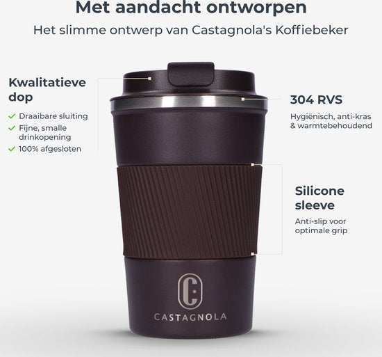 Castagnola Thermos Cup - Coffee Mug To Go - Travel Mug for Coffee and Tea - Tea Mug - 380 ML - stainless steel - Brown