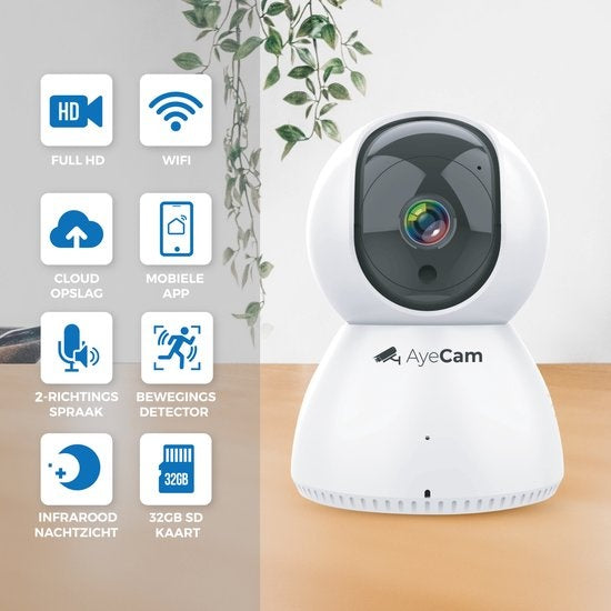 AyeCam Caméra de sécurité - Avec App - WiFi - Détecteur de mouvement - Incl. 32GB SD - Caméra de sécurité - Caméra pour animaux de compagnie