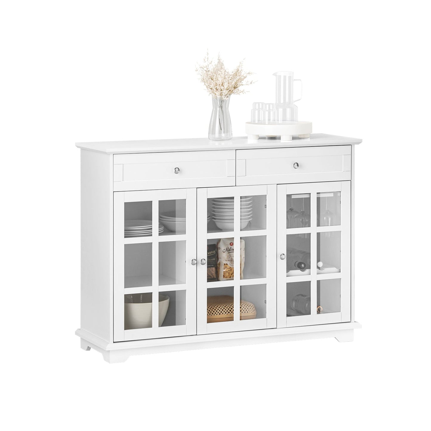 SoBuy Meuble de cuisine Buffet Meuble de rangement latéral avec 3 portes en verre et 2 tiroirs, 90x40x90 cm, blanc