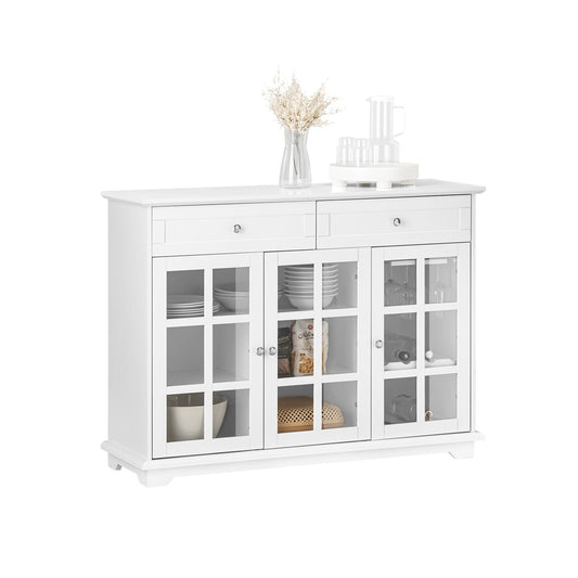 SoBuy Meuble de cuisine Buffet Meuble de rangement latéral avec 3 portes en verre et 2 tiroirs, 90x40x90 cm, blanc