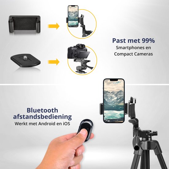 Studio ME Phone Tripod - 136 cm - Trépied Smartphone - Noir - Trépied pour appareil photo - Support pour téléphone - Télécommande Bluetooth incluse - Trépied Téléphone
