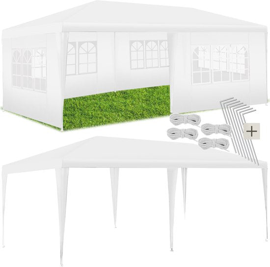 tectake® Pavillon Novara - Tente de réception 3x6 m - Bâche imperméable avec 5 panneaux latéraux amovibles - Pavillon de jardin résistant aux intempéries - Lignes de tension et piquets inclus - blanc