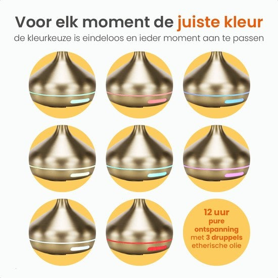 Goliving Diffuseur d'arômes - Humidificateur - Aromathérapie - 2 huiles essentielles incluses - 10 couleurs LED - Diffuseur de parfum - Or