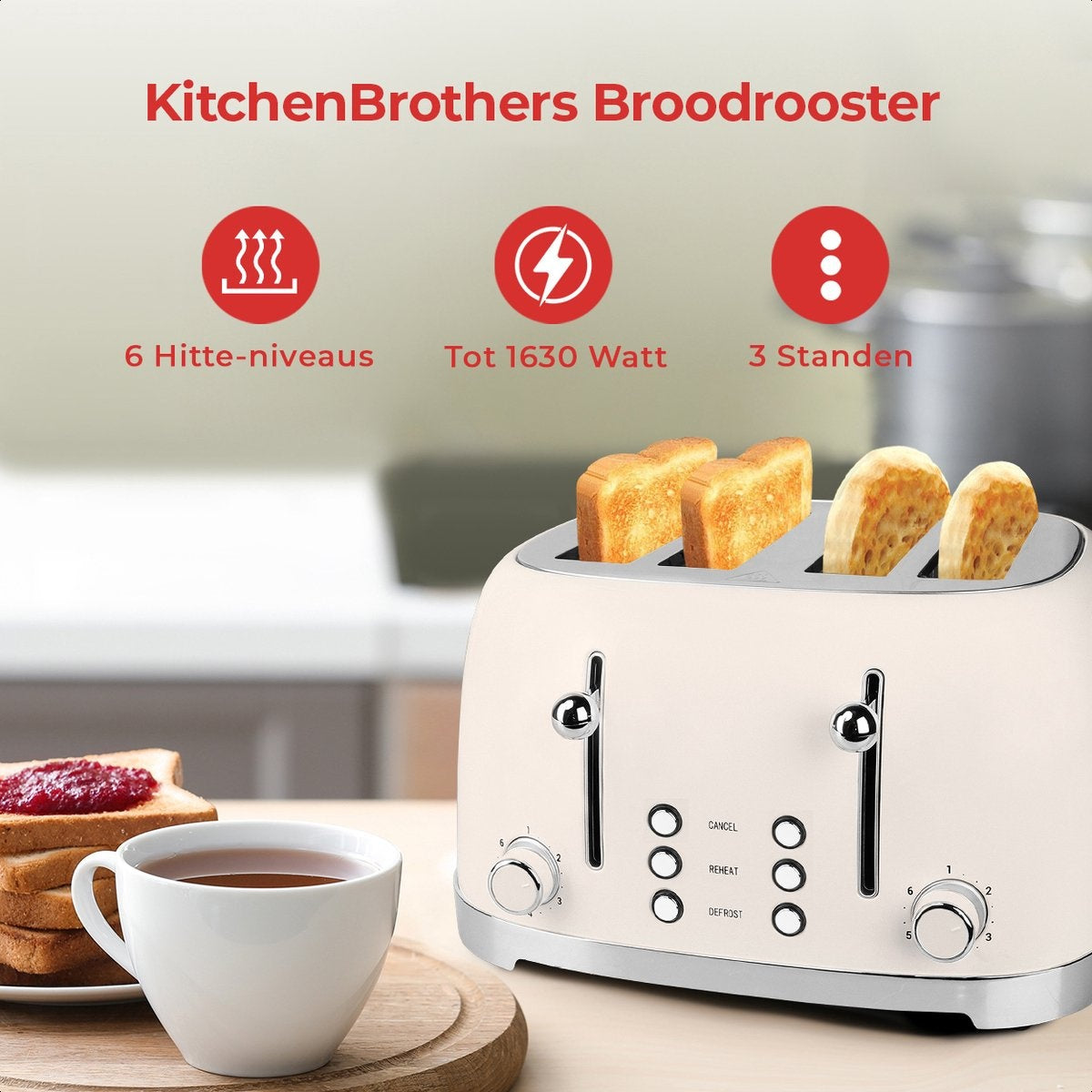KitchenBrothers Retro Toaster - Grille-pain - 6 niveaux de chaleur - 4 fentes extra-larges - 1630W - Beige