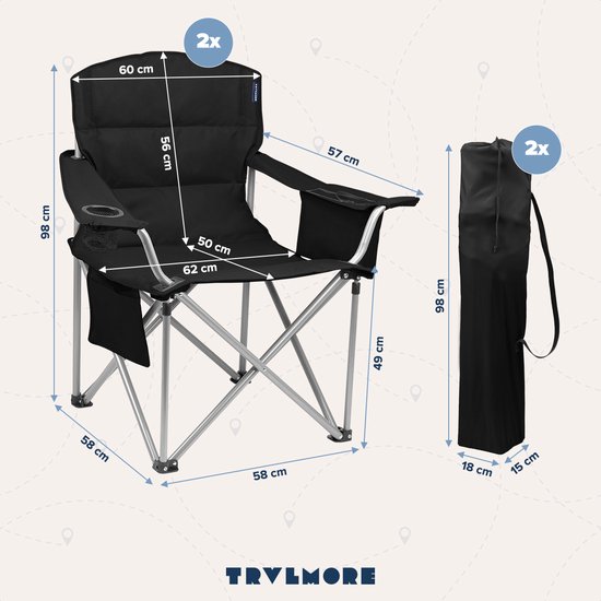 TRVLMORE Chaises de camping - Pliables - 2 pièces - XL - Chaises pliantes - Capacité de charge de 150 kg - Porte-boisson - Compartiment réfrigérant - Poche latérale - Chaise pliante - Noir