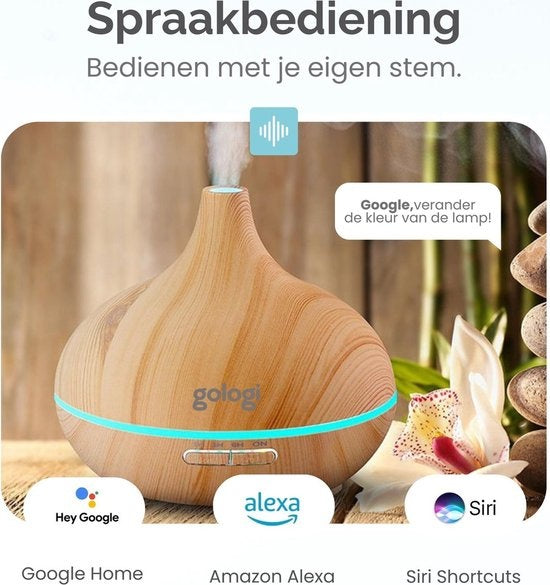 Gologi Smart Aroma Diffuser - 550ML - Humidificateur - Diffuseur de parfum - Eclairage LED - 2 huiles essentielles incluses - Marron clair