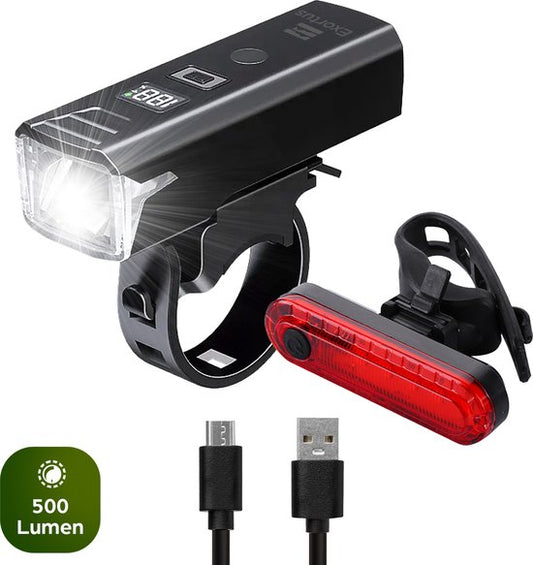 Kit d'éclairage LED rechargeable Exortus® pour vélo - Kit de feux de vélo blancs et rouges – Feux adaptés à tous les vélos (de course) - Indicateur de niveau de batterie - Résistants aux chutes et étanches - Avec mode capteur de lumière - Peuvent égalemen