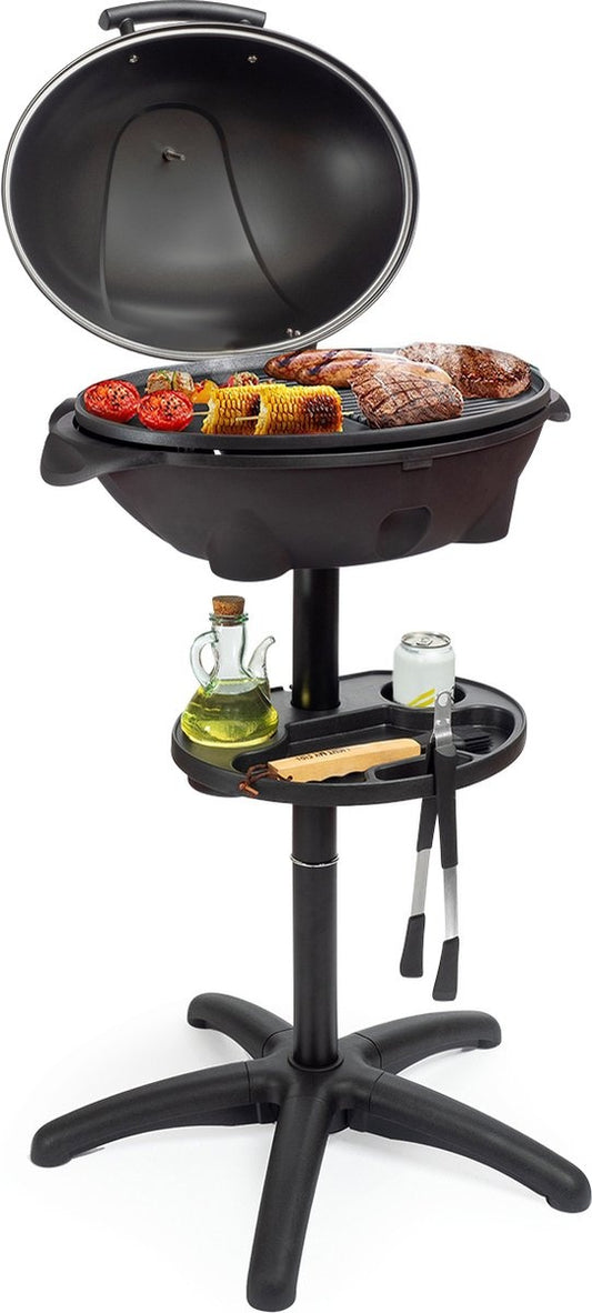 KitchenBrothers Barbecue électrique - avec plaque de cuisson - antiadhésif - étagère/porte-objets inclus - 2400W - Noir