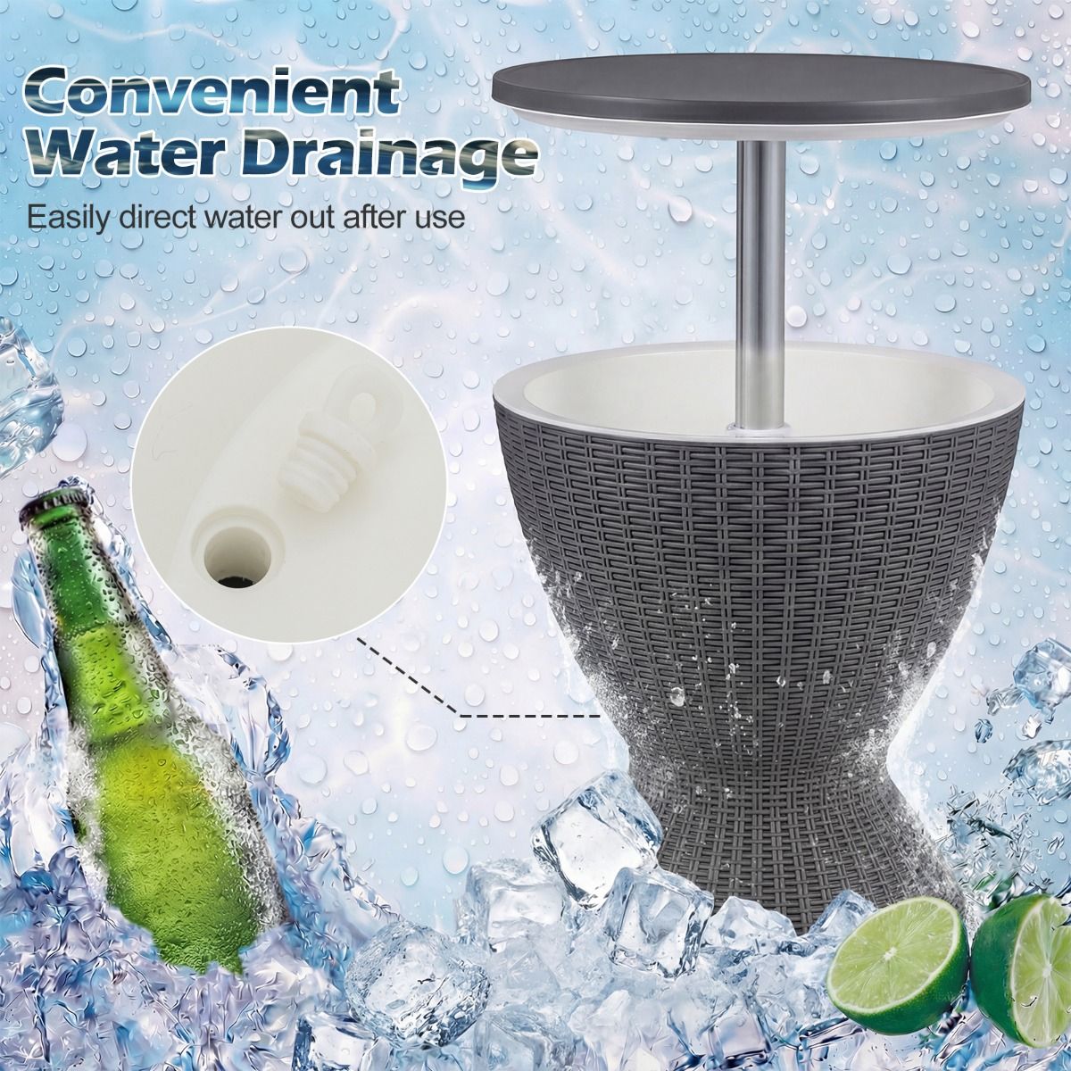 Refroidisseur à vin Coast 30 L avec plateau coulissant – Réglable de 57,5 à 82 cm – Aspect rotin – Gris