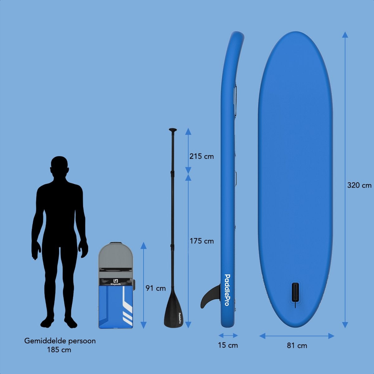 Paddle LifeGoods - Deluxe Set - Avec siège - Planche à pagaie gonflable - Max. 135KG - 320x81cm - Bleu