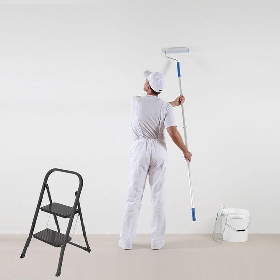 BRASQ Escabeau ménager 2 marches noir - échelle de cuisine pliable en métal pour usage privé et professionnel - Escabeau - Antidérapant