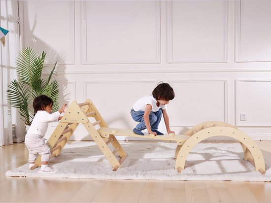 Structure d'escalade 3-en-1 Sunny Charlie en bois naturel – Jouets Montessori – Arceau d'escalade – Triangle d'escalade – FSC Mix