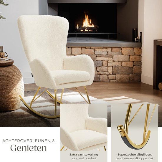 tectake® Swing Rocking Chair - Fauteuil Bouclé tapissé avec patins en acier et coussin d'assise extra épais - Design scandinave, facile d'entretien et ergonomique - crème/doré