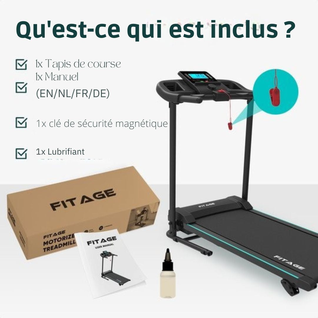 Tapis de course pour la maison Fitage - Fonction d'inclinaison - Bluetooth - 1-12 km/h - Pliable - 100 x 64 x 25 cm - Noir