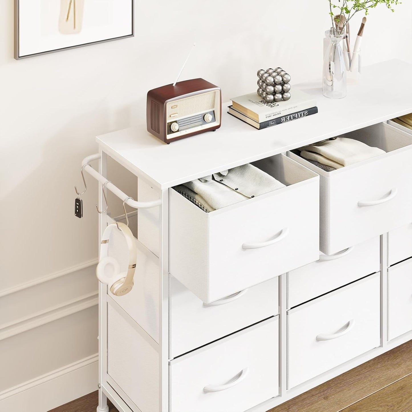 Leader Accessories Commode à 9 tiroirs en tissu pour l'entrée et le salon - 100 x 30 x 65 cm - Blanc