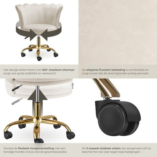 tectake® Chaise de bureau - Chaise pivotante réglable en hauteur avec revêtement en velours - Coque ergonomique - Chaise à roulettes - Chaise de salle à manger sur roulettes - Pivotant à 360° - Chaise de bureau - Blanc