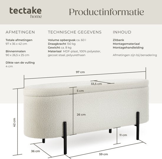 tectake® Banc avec rangement - Boîte de rangement rembourrée - Boîte d'assise avec rangement, rembourrée - Tissu Bouclé style scandinave - 97x36x42cm - blanc crème