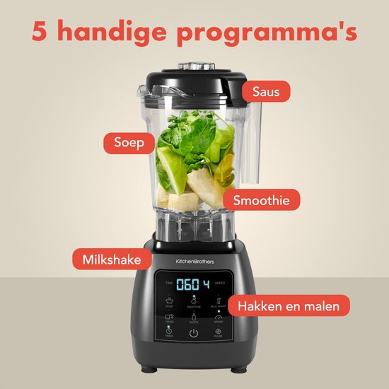 KitchenBrothers 2-in-1 Power Blender - 1600W - 2L - Ensemble complet avec hachoir et gobelet - Smoothie Maker - Ice Crusher - Gris Métallique