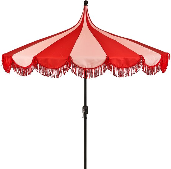 Mica Decorations Kim : parasol rayé avec sac de transport - Parasol à mât 238 x Ø235 cm - Parasol de jardin ou de balcon - Polyester, acier - Rouge