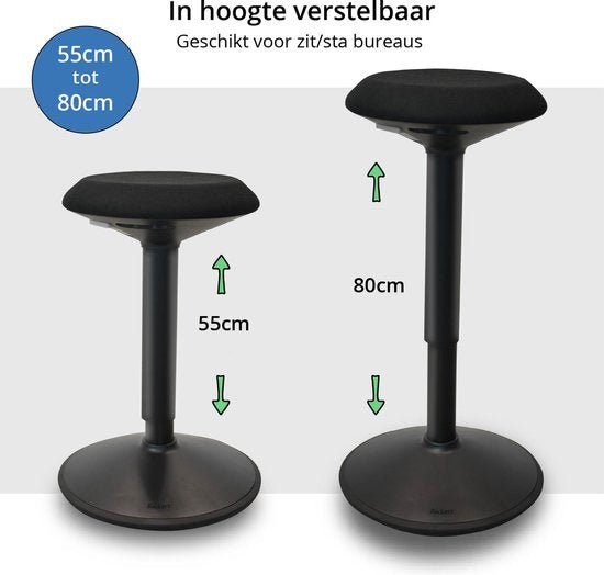 Backerz® Wiebelkruk Zwart | Hoogte 55-80cm | Balanskruk | Zit-sta kruk | Ergonomische bureaustoel | zadelkruk