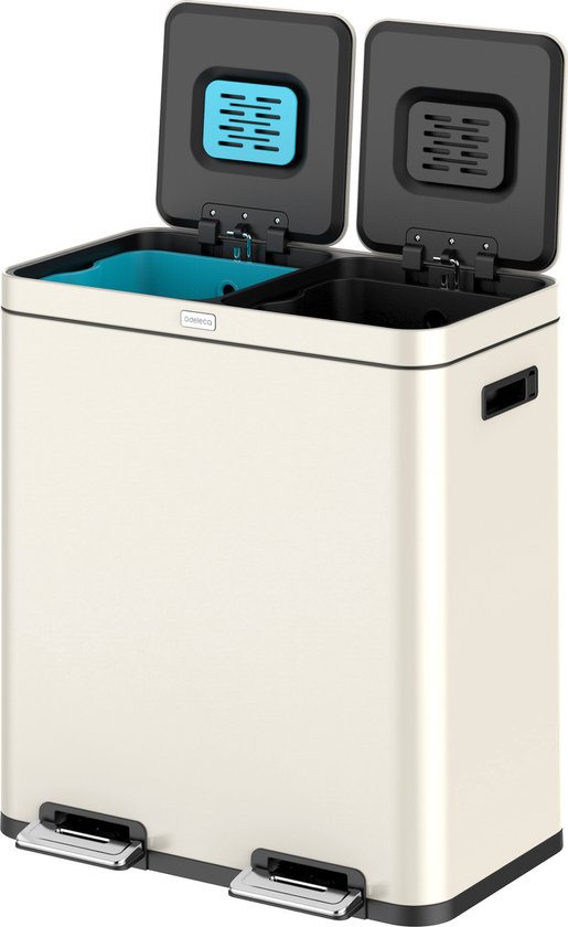 Deleca Recycle Bin with 2 Compartments - 60 Litres (2x30) Waste Bin - Waste Separation / Deposit Container / Pedal Bin - Garbage Bin with FreshAura Odour Control - Slow Close - Stainless Steel Cream White