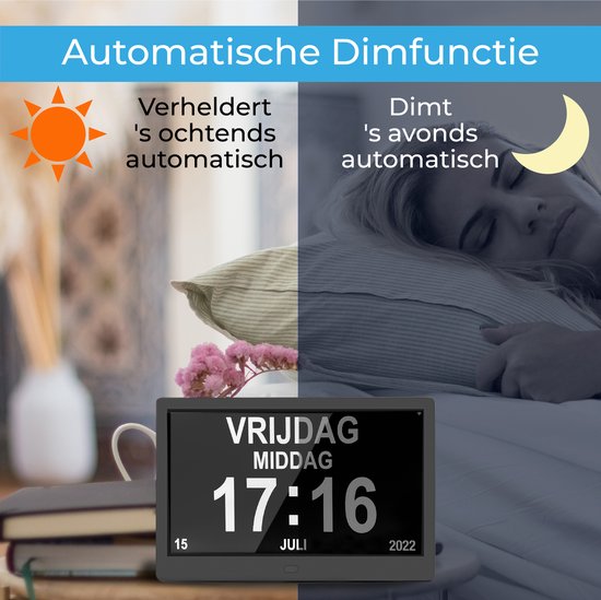 TTD® Dementia Clock XXL 10 pouces avec câble extra long - Horloge calendrier avec jour, date et météo - Affichages analogique et numérique - 20 alarmes et 3 alarmes médicales - Wi-Fi - Pour les personnes âgées, les malvoyants, les seniors et les personnes