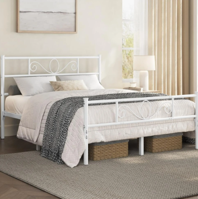 Cadre de lit en métal Yaheetech - Blanc - 206 x 142,5 x 88,5 cm - Matelas 140 x 200 cm - Avec sommier à lattes