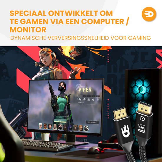 Drivv. Câble Displayport 2.1 - 16K 60Hz 8K 120Hz 4K 144Hz - 80Gbps - Displayport 2.1 - Câble DP - 5 mètres - Noir