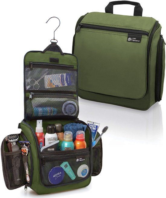 Trousse de toilette D&D Wanderlust avec crochet - Organiseur de voyage de luxe à suspendre avec 10 compartiments - Vert - Unisexe (femmes et hommes) - Capacité de 6 litres - Grande trousse de toilette de voyage à suspendre - Trousse à maquillage
