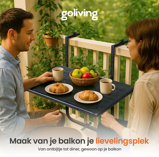 Goliving Table de balcon - Pliante - Suspendue - 60 x 40 cm - Réglable en 3 hauteurs - Résiste aux intempéries - 2 porte-gobelets - Noir