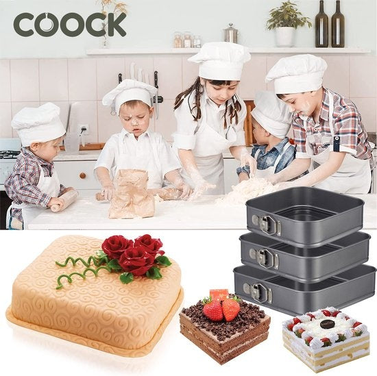 COOCK 3-Piece Baking Tray Set Square- Springform - Cake Tray Rectangle with Non-stick Coating - 24 to 28 Cm Diameter -Cake Pan Incl. Dough Scraper & E-Book